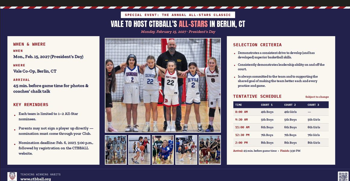 Feb 15th: Vale to Host Annual All Stars Classic on President's Day